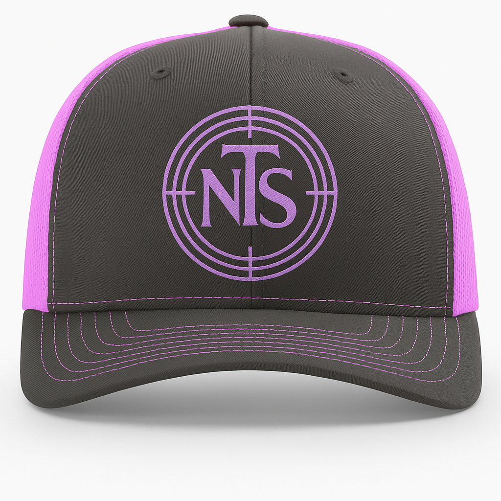 NTS Target Trucker Cap – Charcoal & Neon Pink