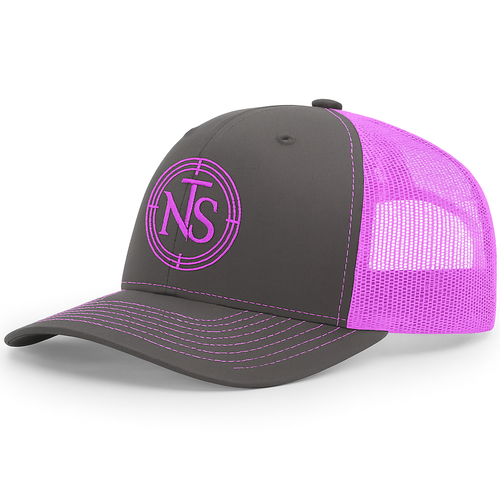 NTS Target Trucker Cap – Charcoal & Neon Pink