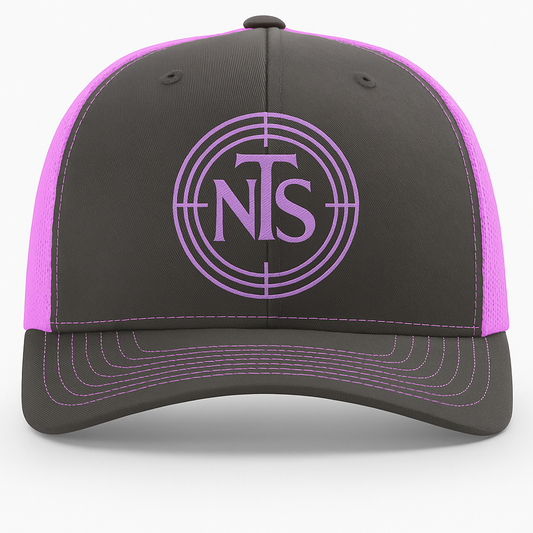 NTS Target Trucker Cap – Charcoal & Neon Pink